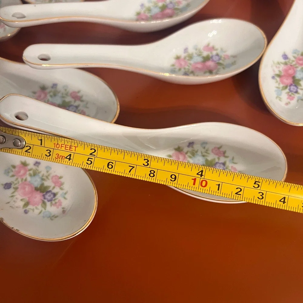 Tatung‎ Taiwan Porcelain Chinese Soup Spoons Floral Gold Rim Lot of 11 Vintage